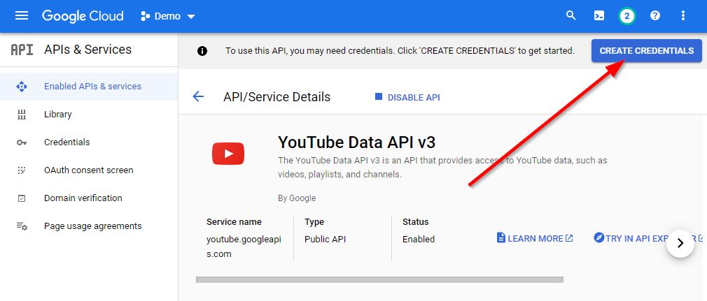 Створити облікові дані для Youtube API